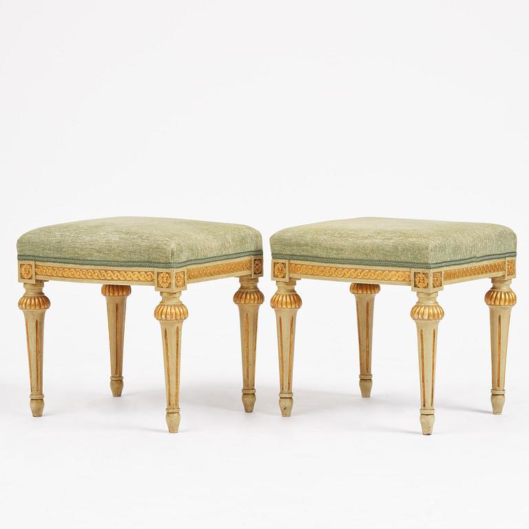 A pair of stools in the manner of Erik Öhrmark (master in Stockholm 1777–1813), Gustavian.