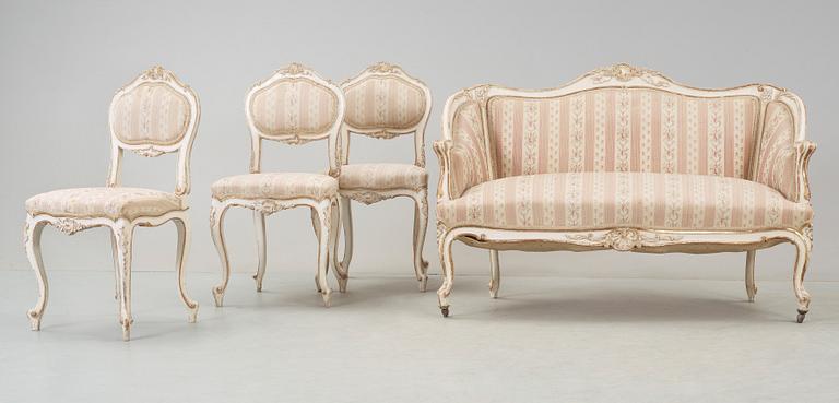 SOFFA samt STOLAR, 1+3, rokokostil, 1900-talets första hälft.