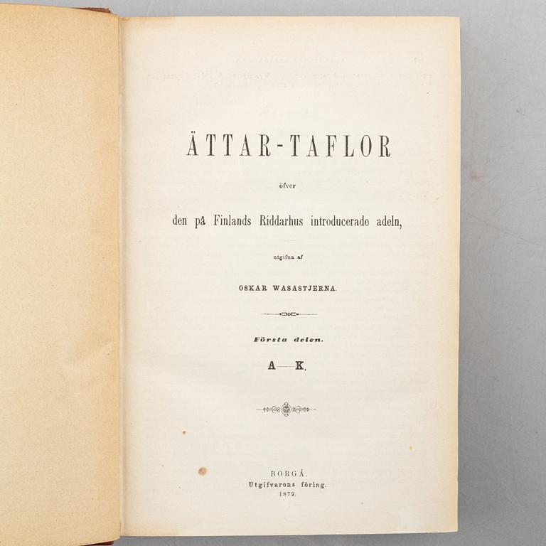 Books, 19 volumes, including Gustaf Elgenstierna's 'Svenska Adelns Ättartavlor'.