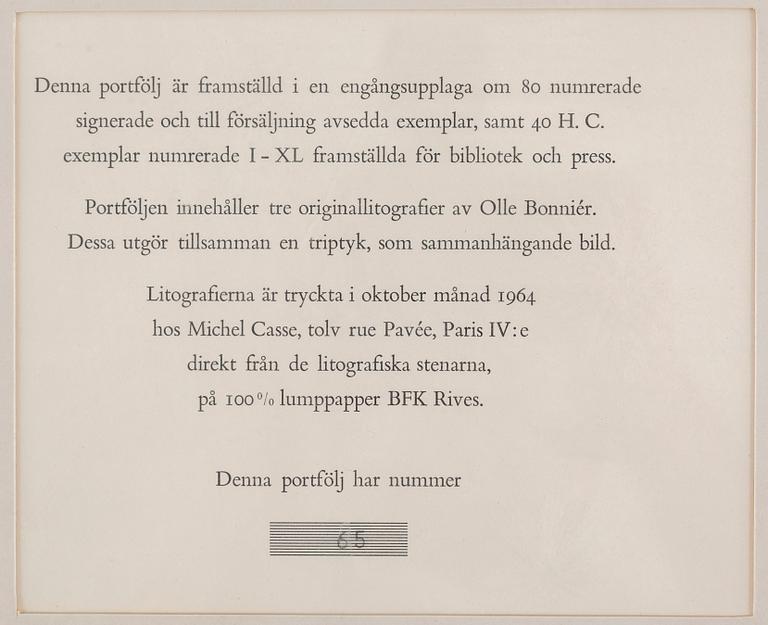 OLLE BONNIÉR, färglitografisk portfölj/triptyk, samramad, signerad Bonniér, daterad -64 samt numrerad 65/80 med blyerts.