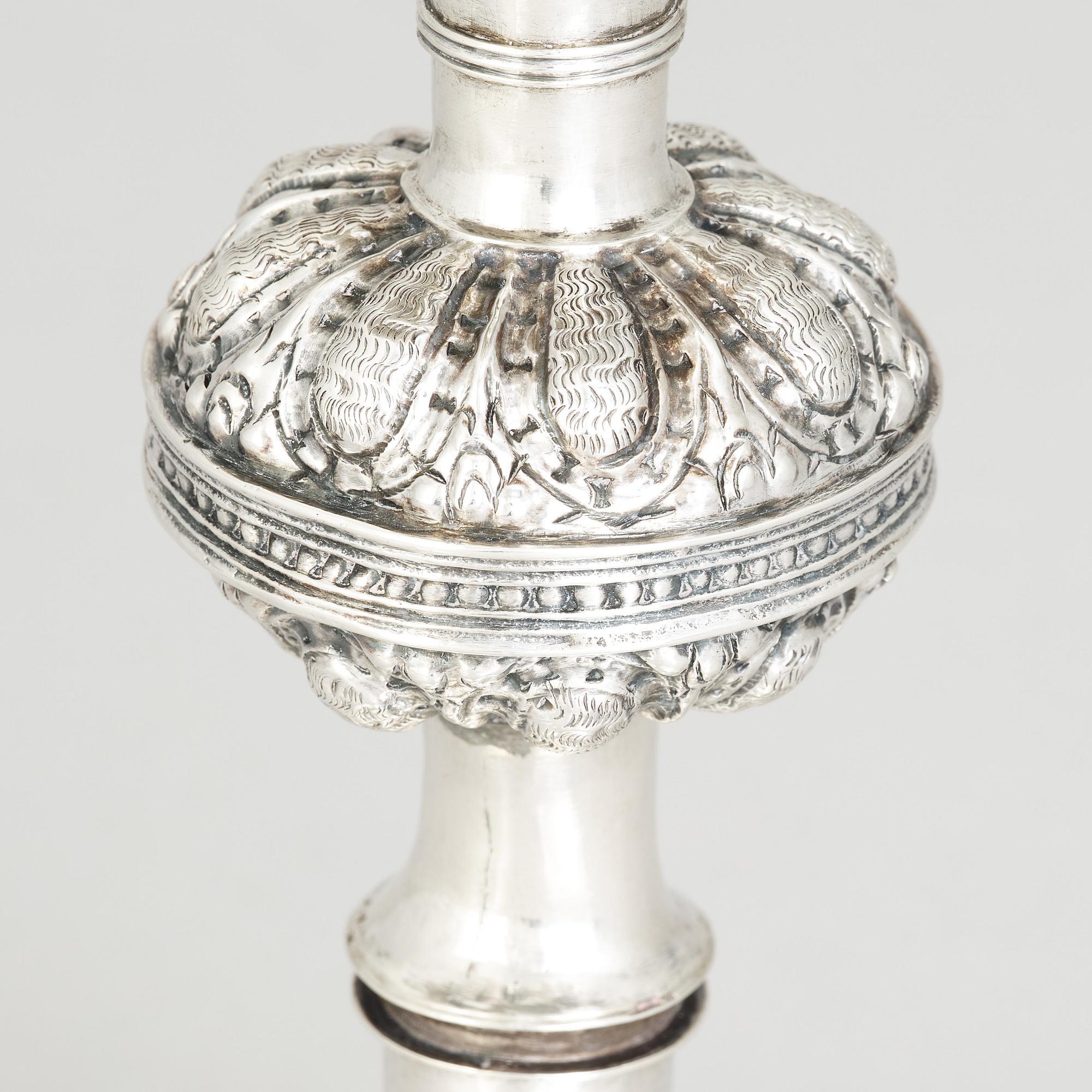 An 18th century parcel-gilt silver cup and paten, unmarked.