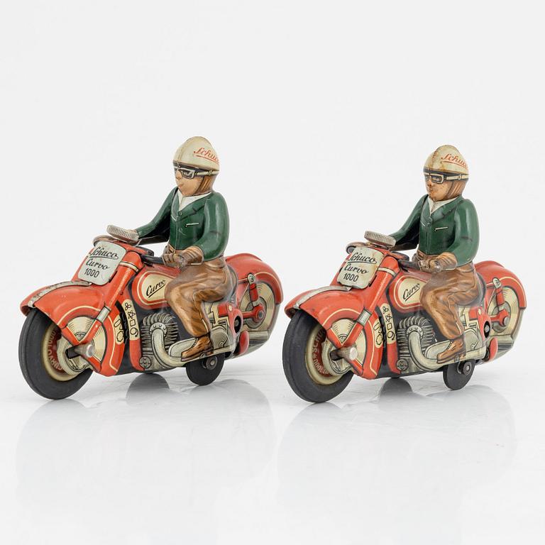 Schuco, four tin motorcycles, 'Curvo 1000' and 'Motodrill 1006', U.S. Zone Germany , mid 20th century.