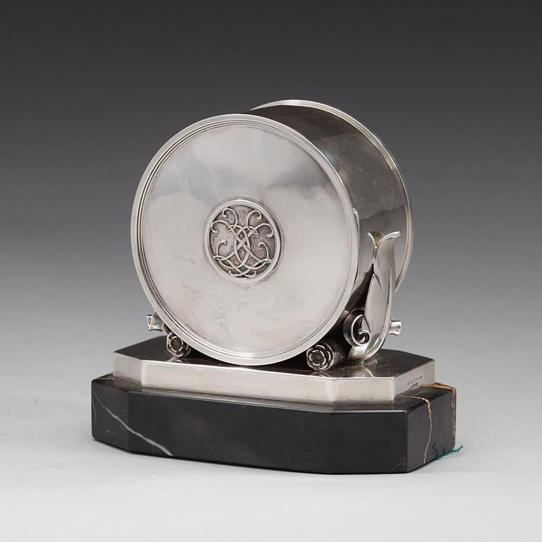 An Atelier Borgila silver table clock, Stockholm 1939.