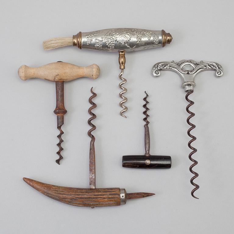 FIVE CORK SCREWS, 19th/20th century.