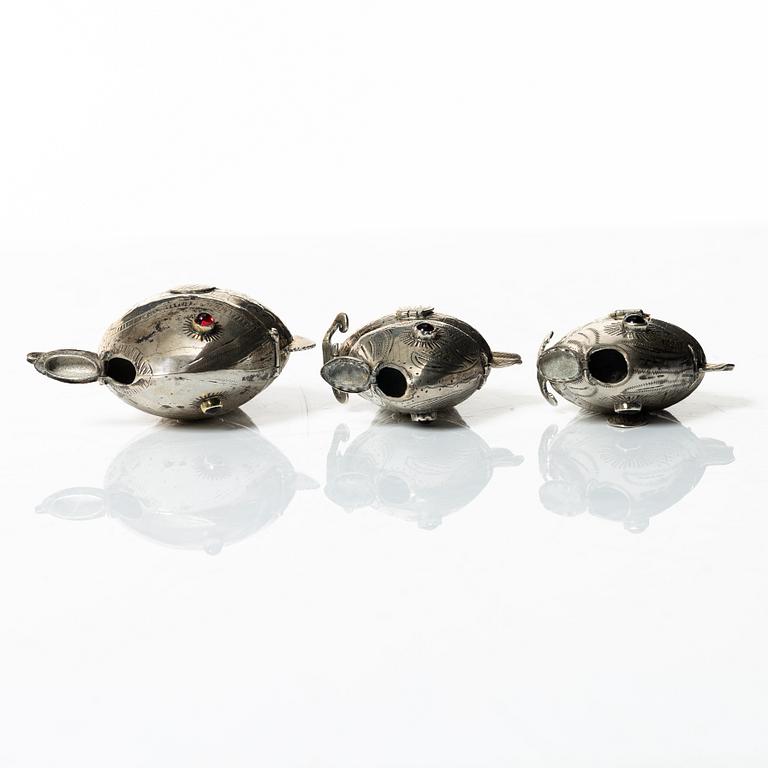 A set of three silver table decorations/boxes, 19th Century.