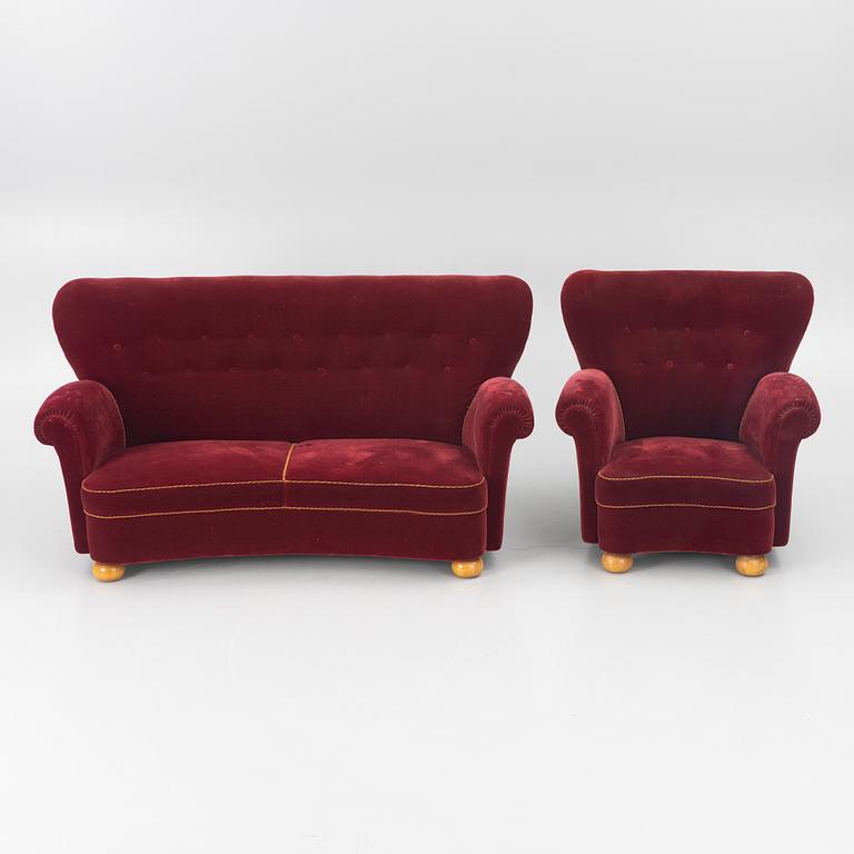 A Swedish Modern easy chair and sofa, 1940's.