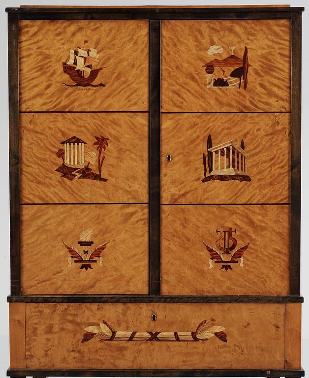 A Carl Malmsten birch cabinet with inalys of different coloured woods, probably by NK, circa 1925.