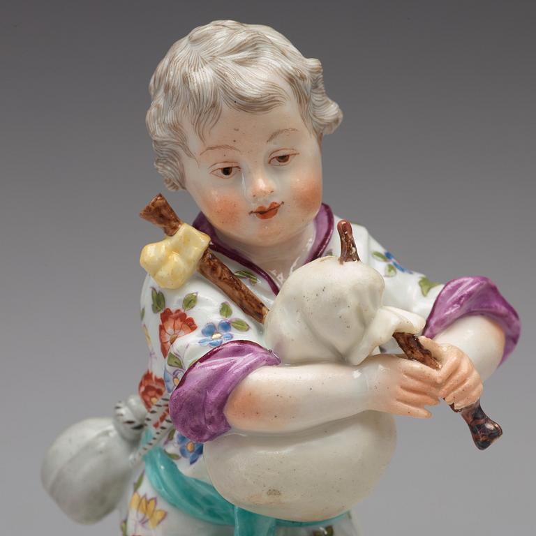 A Frankenthaler porcelain figure of a putto playing bag pipe, Germany, 18th Century.
