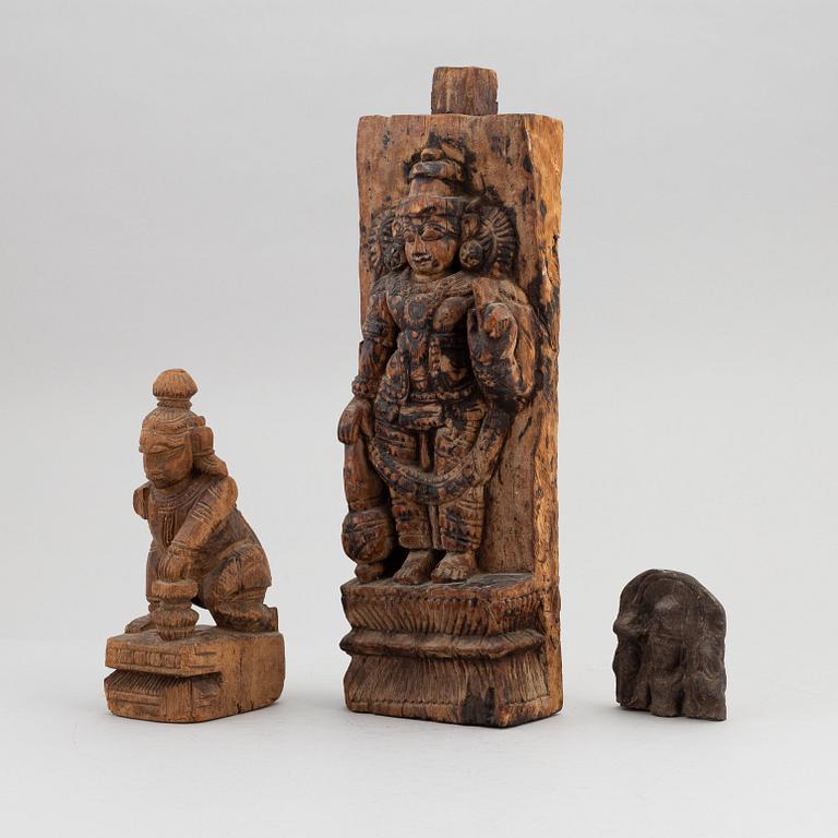 Three carved wooden and stone sculptures / decorative elements, India, presumably 19th century.