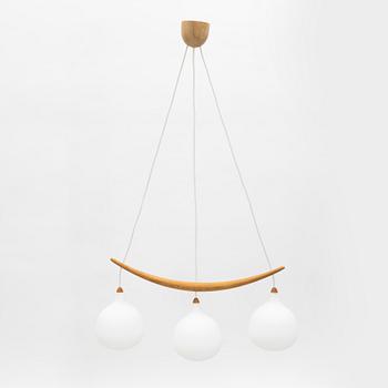 Uno & Östen Kristiansson, a 'Bananen' oak and glass three-light ceiling lamp, Luxus, Vittsjö.