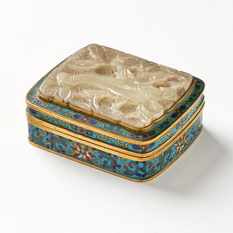 A cloisonné and jade box with cover, Qing dynasty.