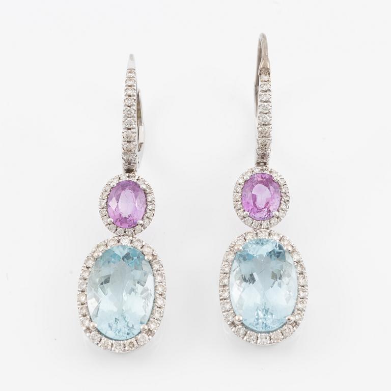 Aquamarine, pink sapphire and brilliant-cut diamond earrings.
