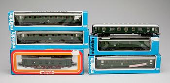 ELLOK med 5 VAGNAR, 6 delar, Märklin H0, 3366, 4139, 4145, 4137, 4143 samt 4026, 1900-talets andra hälft.