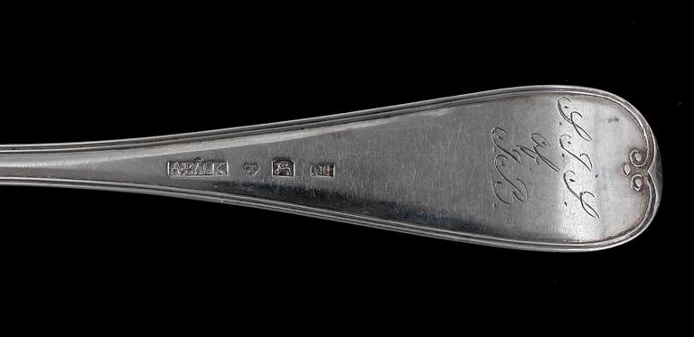 MATSKEDAR, 7 st, silver, snarlika, troligen Jonas Olsson Enberg, Värnesborg, 1856. Vikt 399g.