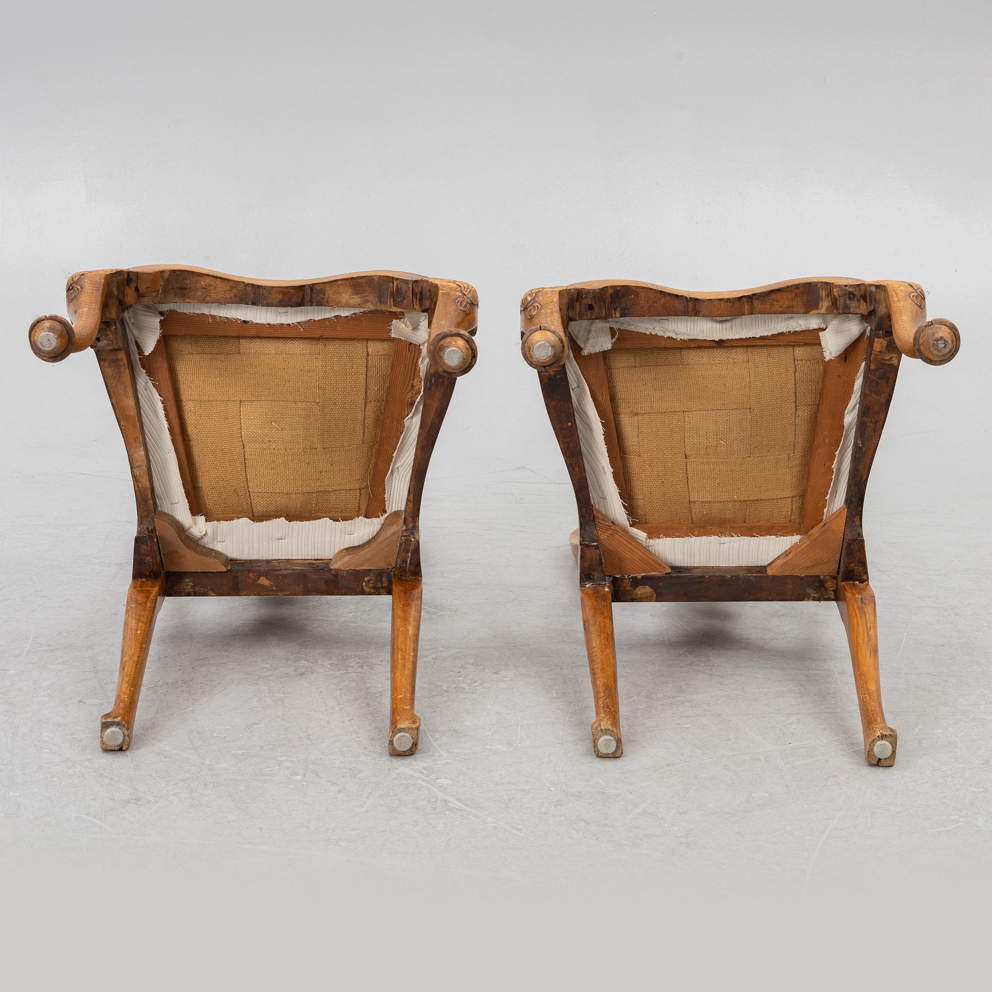 A pair of Swedish late baroque chairs, mid 18th century.