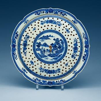 1731. A blue and white charger with a strainer, Qing dynasty, Qianlong (1736-95).