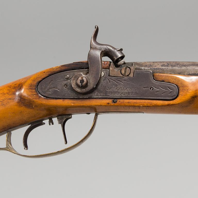 An early American 19th century percussion rifle ("Kentucky Longrifle")  from JAs GOLCHER WARRANTED,