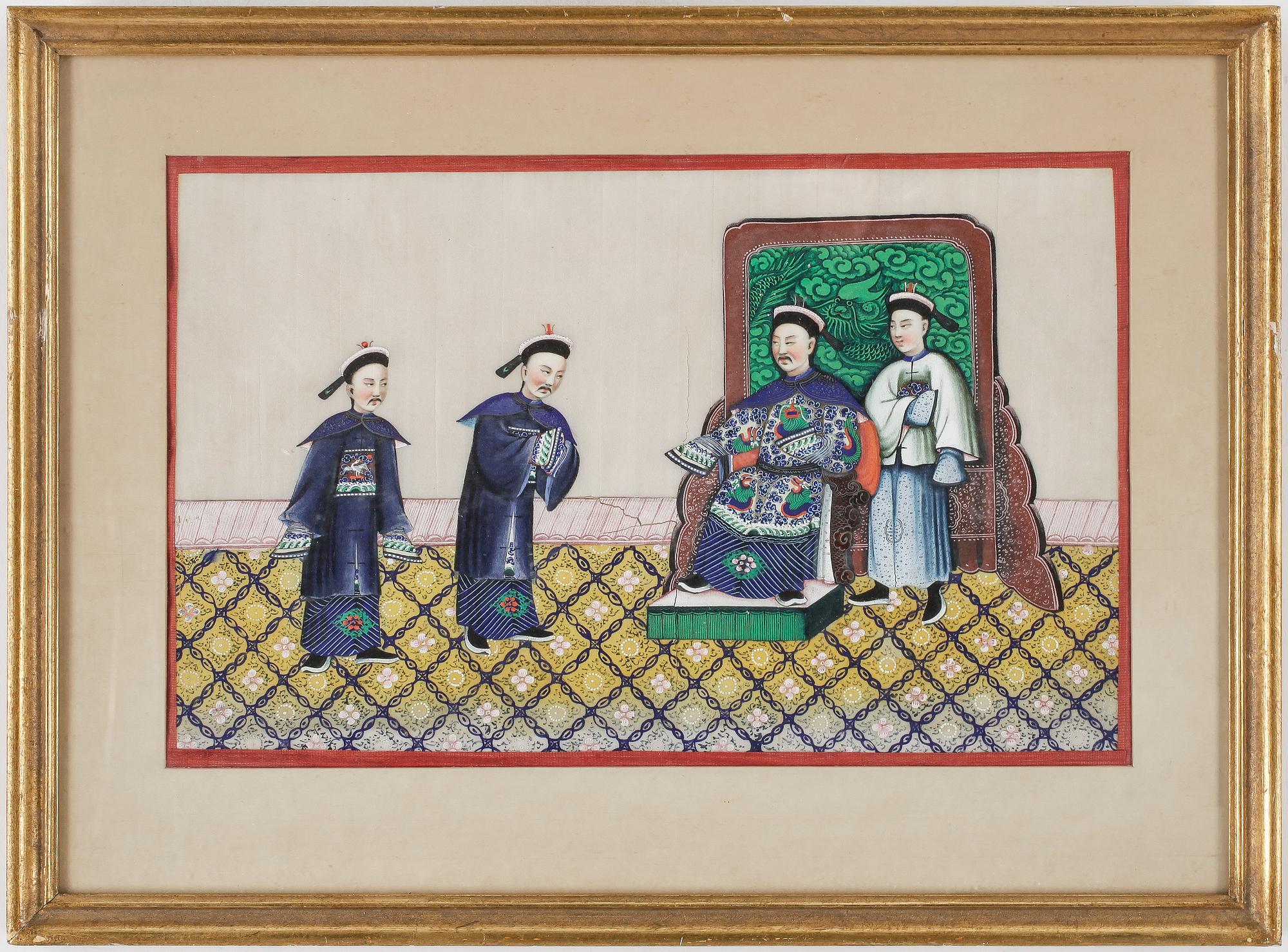 GOUACHER, på rispapper, 4 st, Qing, Kina.