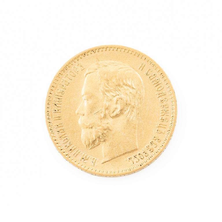Gold coin, Nicholas II, Russia, 5 Rubles, 1898.