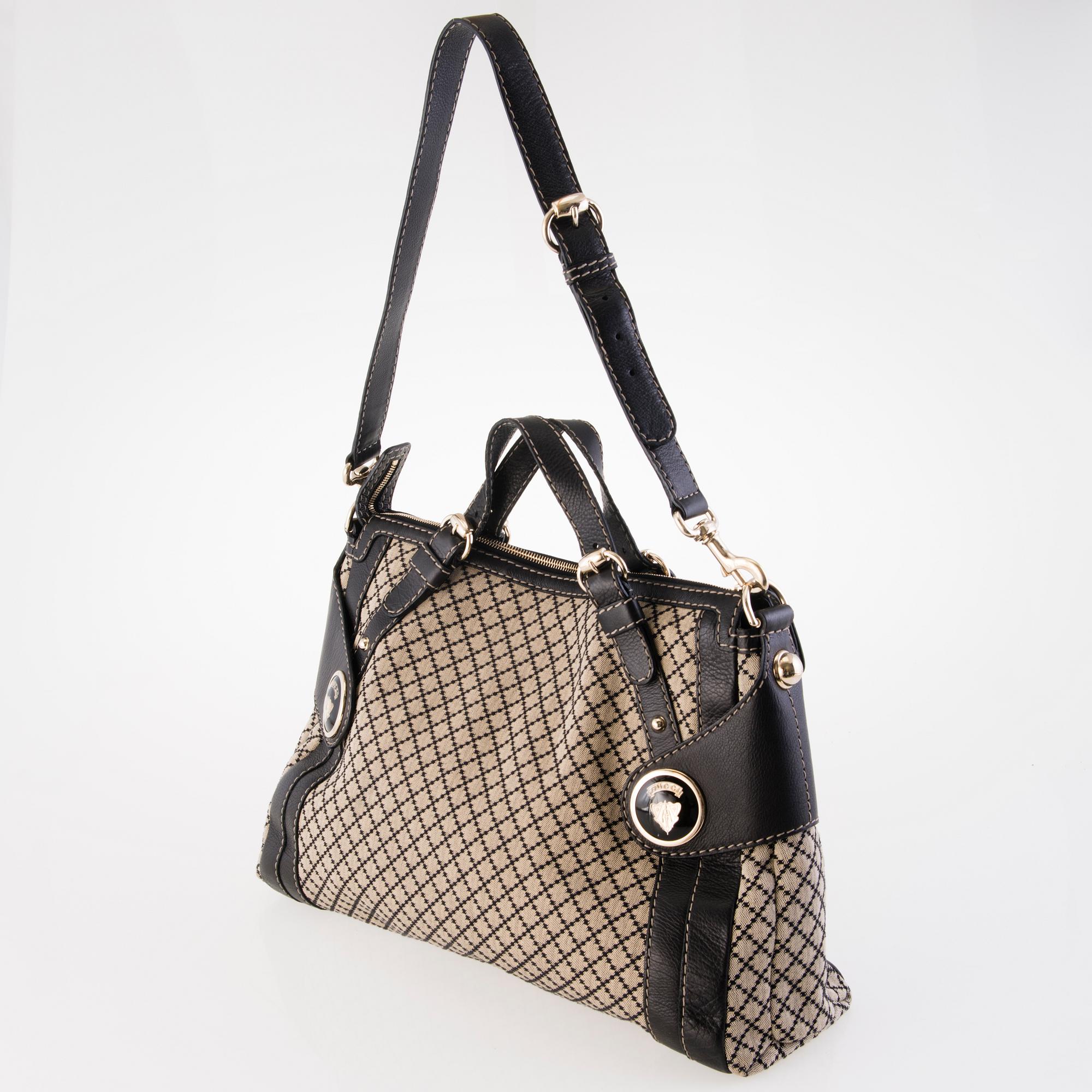 GUCCI Black Diamante Canvas Crest Boule Tote Bag.