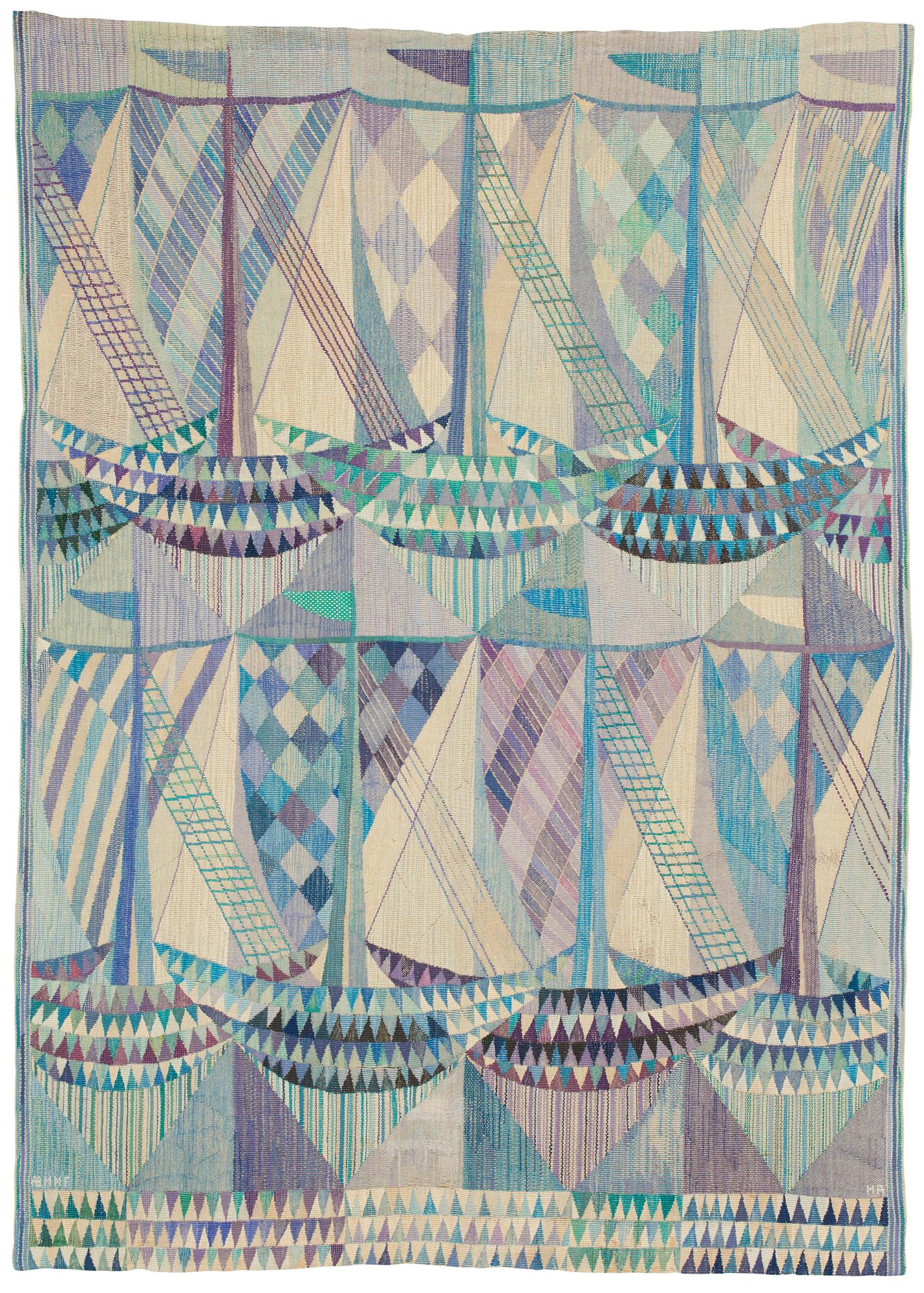 Marianne Richter, VÄVD TAPET. "Skutor, blå". Gobelängvariant. 211,5 x 151 cm. Signerad AB MMF MR.