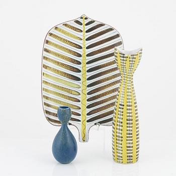 Stig Lindberg, a stonewear vase and a faiance dish and vase, Gustavsberg and Gustavsbergs Studio, Sweden.