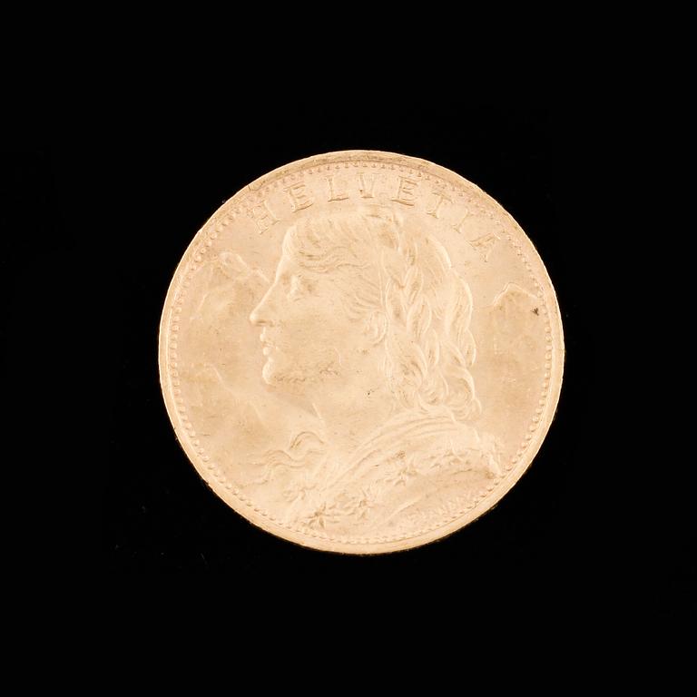 GULDMYNT, 900, Helvetia, 20 fr, 1922. Vikt ca 6 g.