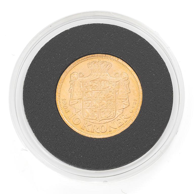 Guldmynt, Danmark, Frederik VIII, 10 kroner, 1908.