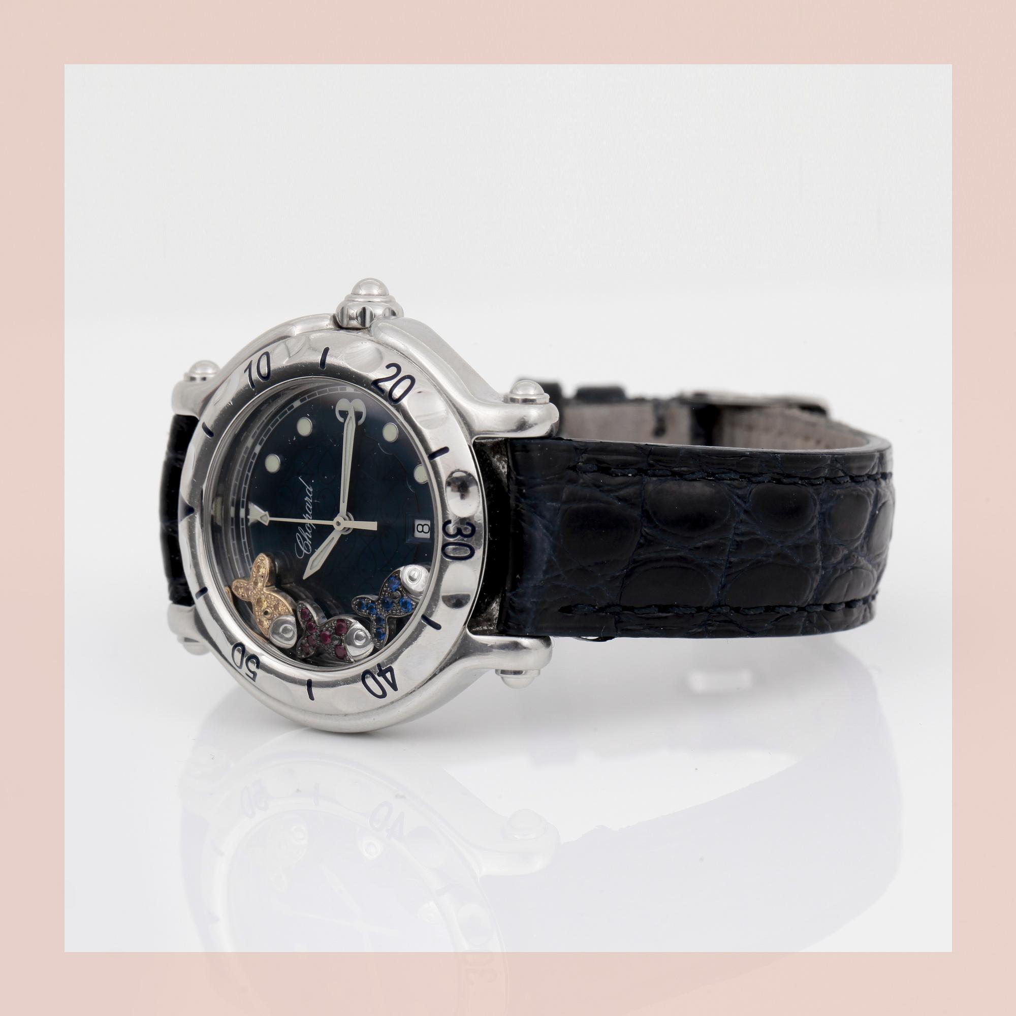 WATCH, Ladies. "Happy Sport" Chopard, Geneva. Stainless steel  and tree moving fishes. 2 original straps.