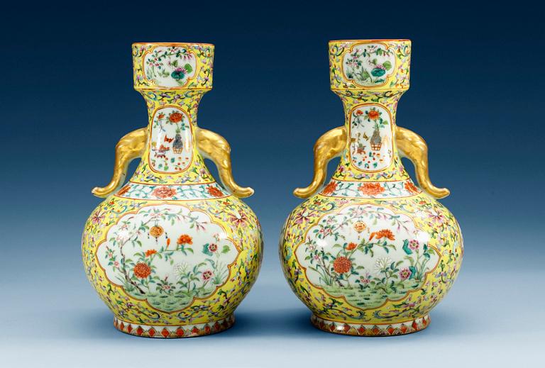 A pair of yellow ground vases, late Qing dynasty. With seal mark. (2).