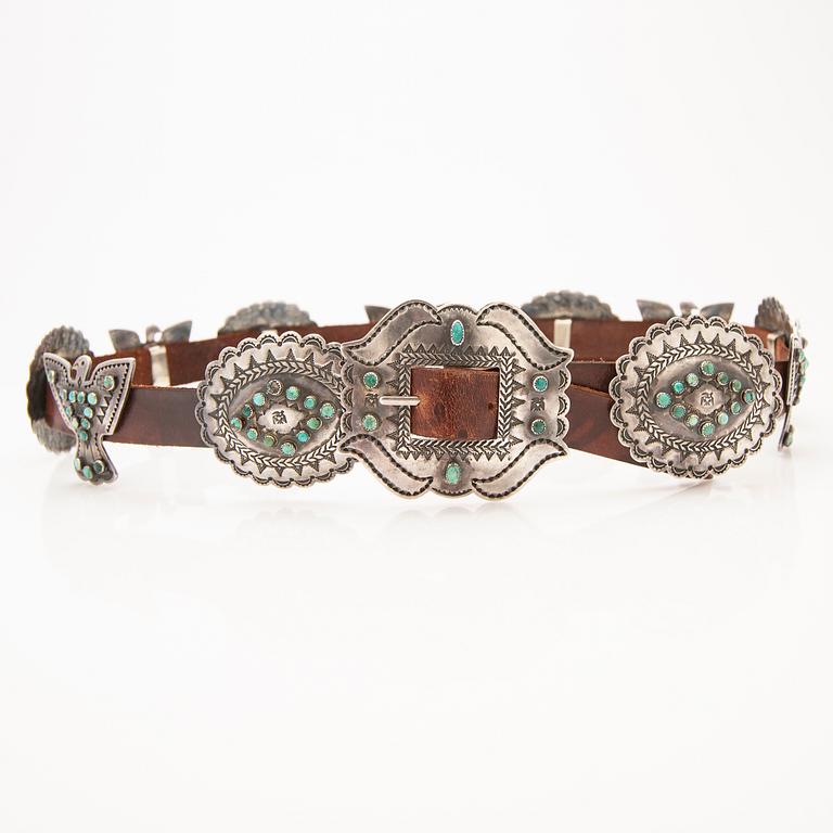 Belt with 12 buckles, silver with set turquoises.