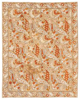An embroidery, likely an antique Uzbekistan suzani, ca 226.5-230.5 x 180-182 cm.