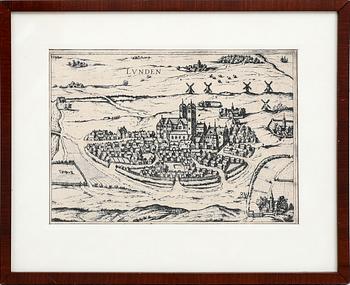 Georg Braun & Franz Hogenberg, "Lunden" map, copper engraving, Cologne, late 16th century.