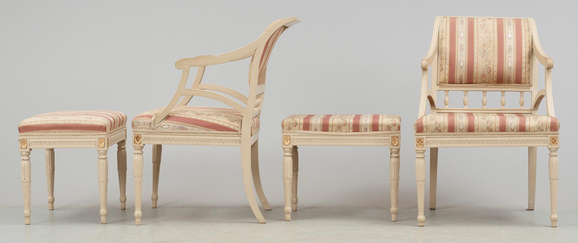KARMSTOLAR SAMT FOTPALLAR, två par, Gustaviansk stil, omkring sekelskiftet 1900.