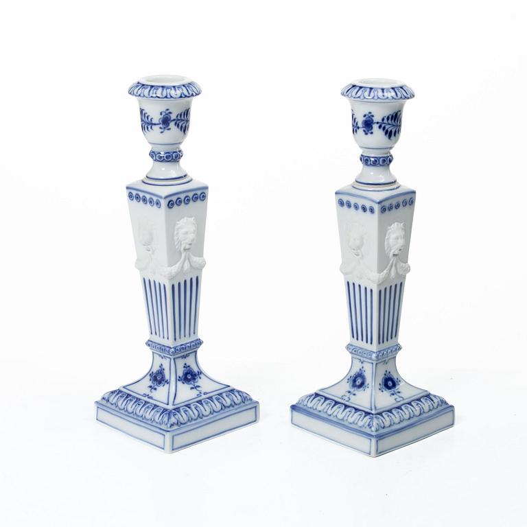Royal Copenhagen, Candlesticks, a pair, porcelain, "Musselmalet", Denmark, 1935–1936 & 1980–1984.