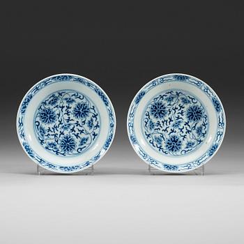 137. A pair of blue and white lotus dishes, Qing dynasty, Guangxu mark and of period (1874-1908).