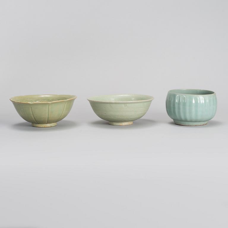 A group of three celadon bowl, South East Asia, 17th Century and later.