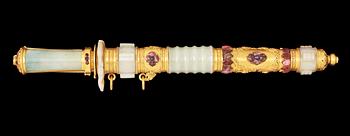 A gilt jade-mounted ceremonial double sword and scabbard with inlaid 'Gems', Qing dynasty.