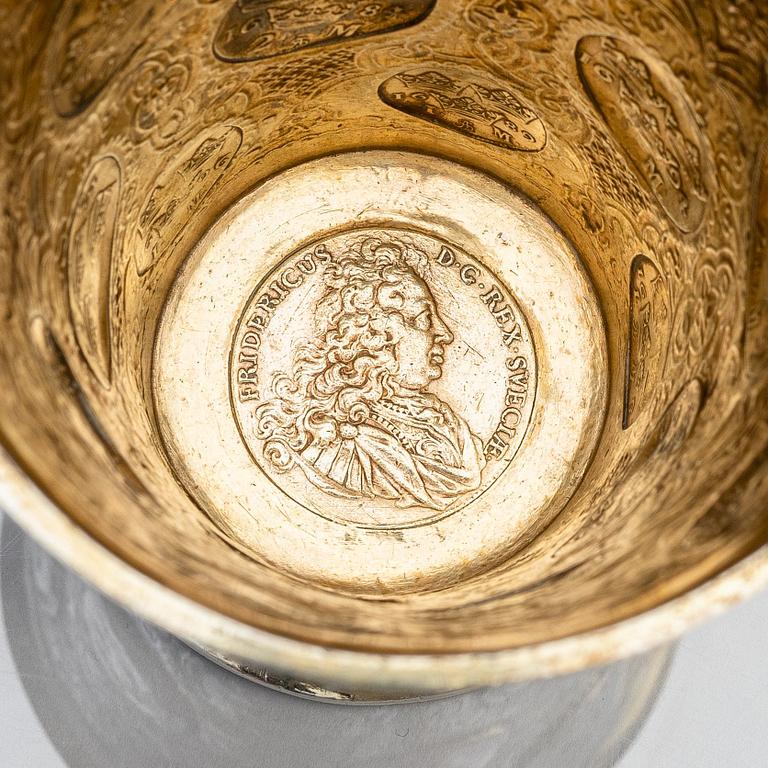 A Polish 18th century parcel-gilt silver coin beaker, mark of Benjamin Berent, Danzig (active 1713-1756).