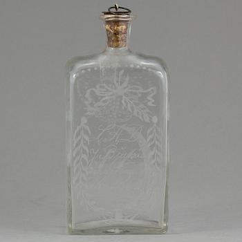 BRÄNNVINSFLASKA, glas, Bjursås. Daterad 1862.