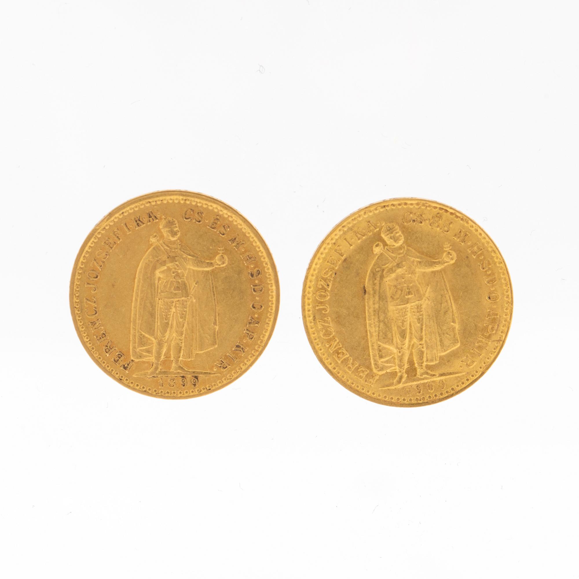 Coins 2 pcs 10 Korona gold, Hungary 1899 and 1909.