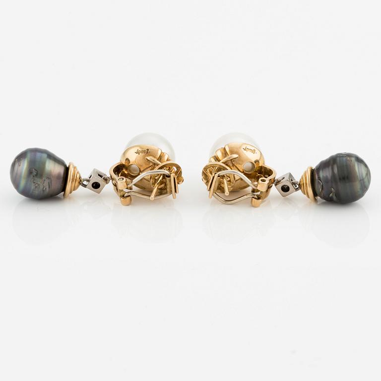 A pair of  18K gold Gaudy earrings with cultured South Sea and Tahiti pearls.