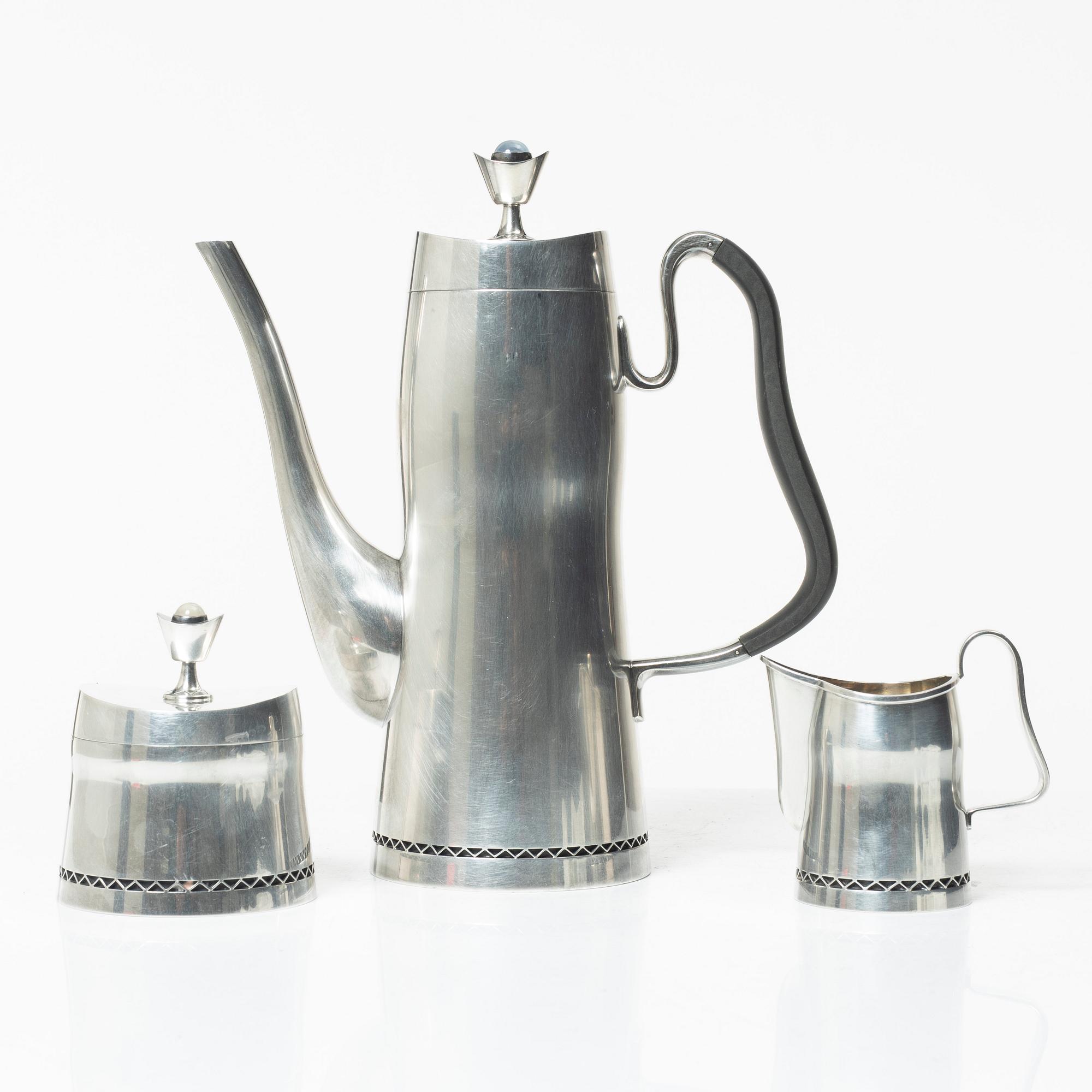 A three-piece silver coffee service by Helge Lindgren for K. Andersson, Stockholm, 1958.