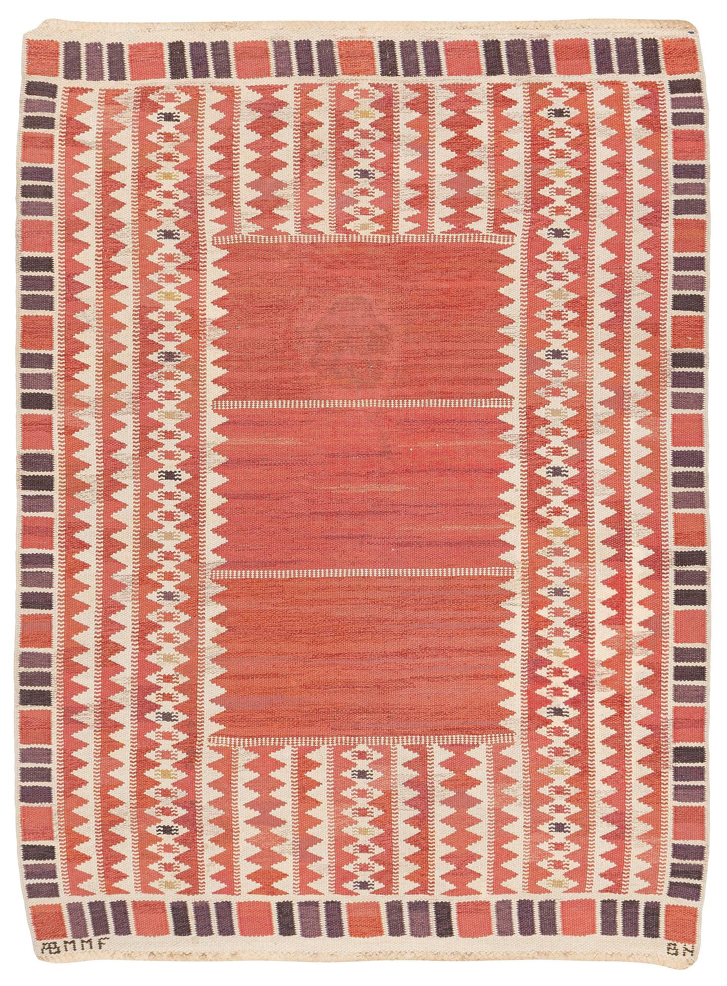 Barbro Nilsson, a carpet, 'Salerno röd', flat weave, c. 214 x 158 cm, signed AB MMF BN.