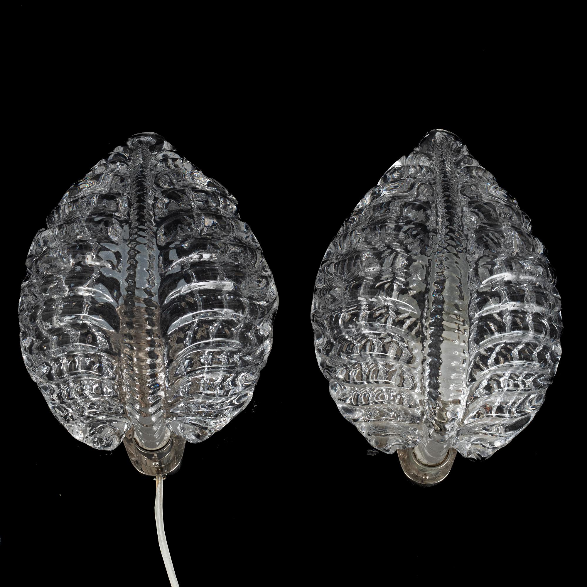 Fritz Kurz, a pair of wall lights model "KD 924", Orrefors, Sweden, mid 20th century.