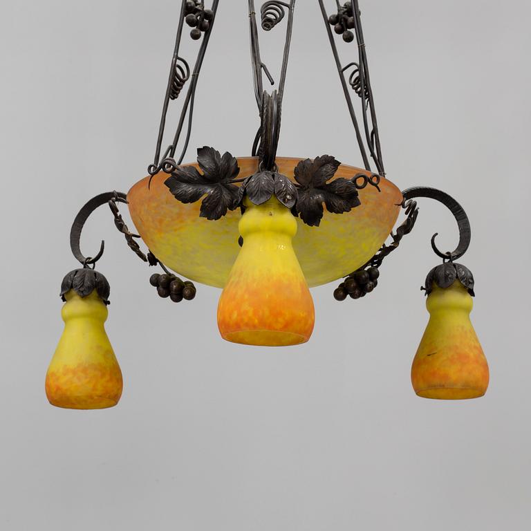 A Muller Croismare glass and metal ceiling lamp, Nancy, first half of 20th Century.