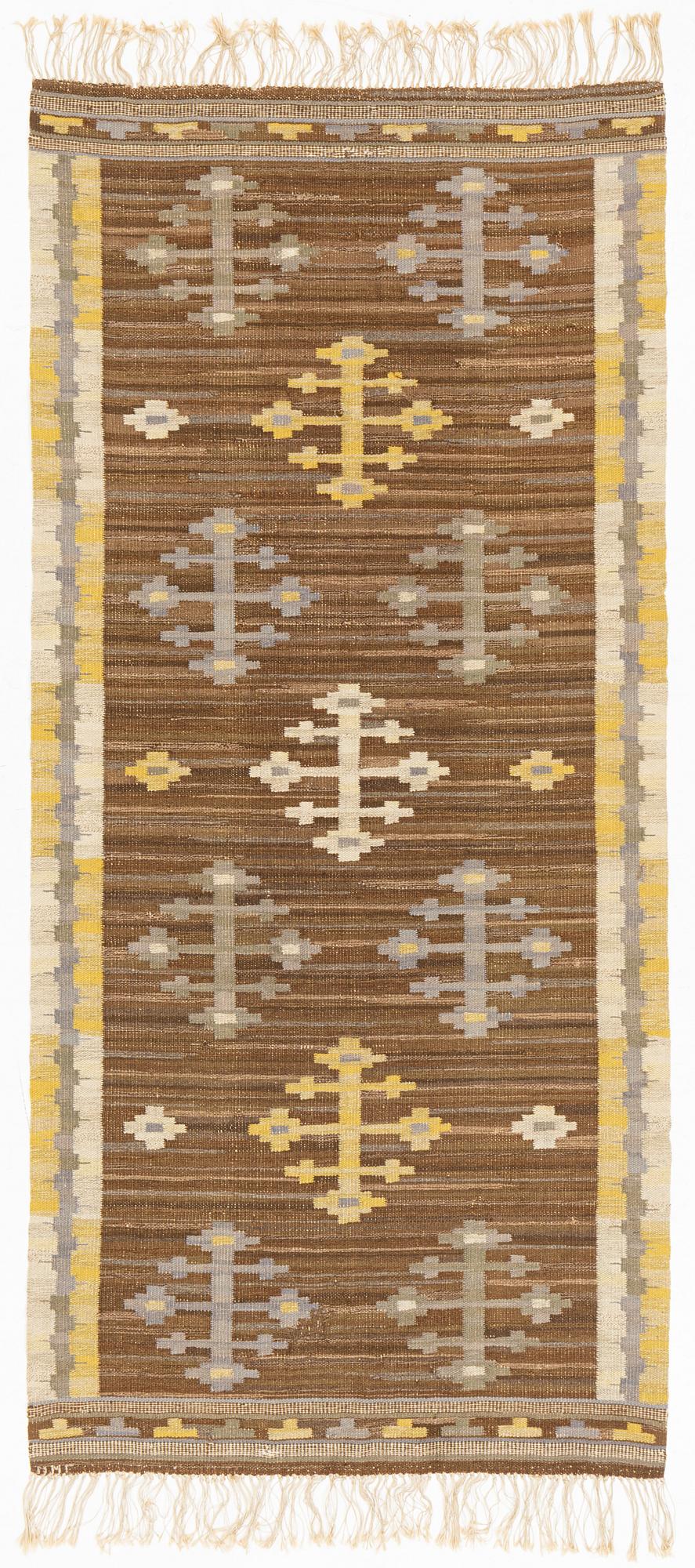 Märta Måås-Fjetterström, a flat weave wall hanging 'Lockarp', signed MMF, c. 250 x 115 cm.