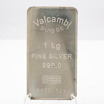 Silver bar 1kg 999 Valcambi Suisse.