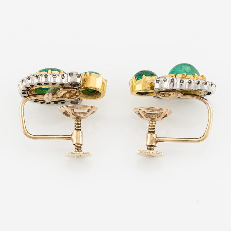 Earrings 9K gold with cabochon-cut emeralds and old-cut diamonds.