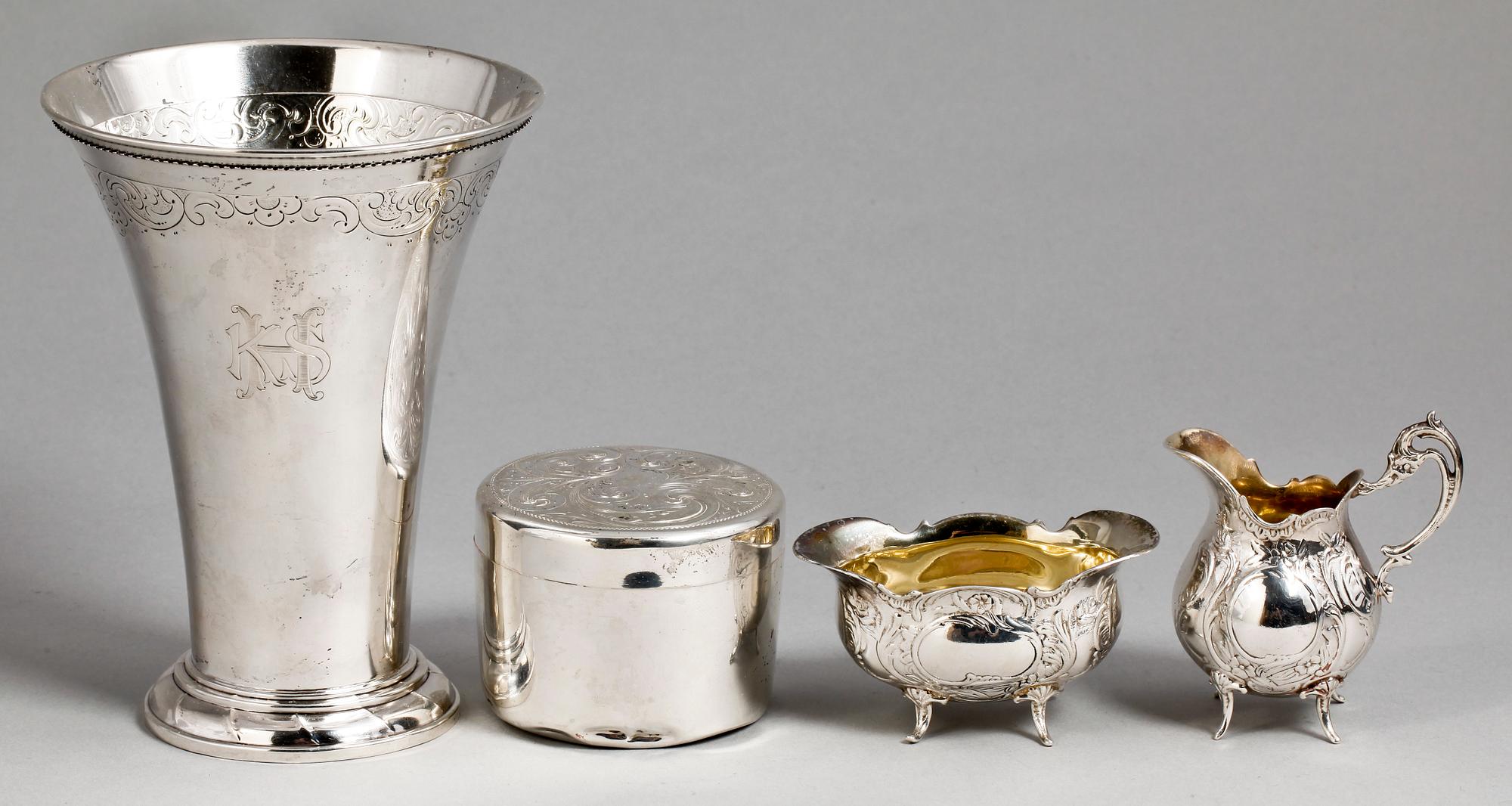 PARTI SILVER, 4 delar, bl.a. Christopher Creutz 1857, Sverige, 1800-1900-tal. Ca 412 g.